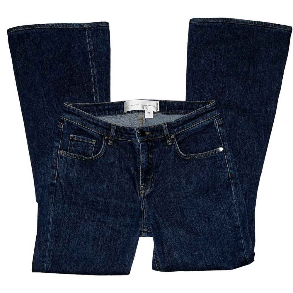 Designer VICTORIA BECKHAM Mid-Rise Flare Denim Jeans in Medium Wash Size…